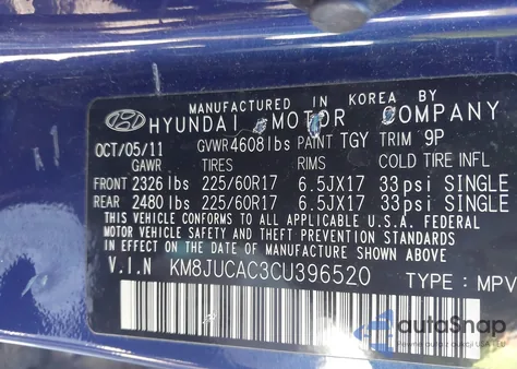 2012 Hyundai Tucson Gls z USA, uszkodzony, nr VIN KM8JUCAC3CU396520